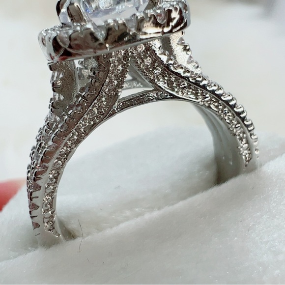 14k white gold 3 CT diamond ring round cut pave halo antique 7 style engagement - Picture 6 of 11
